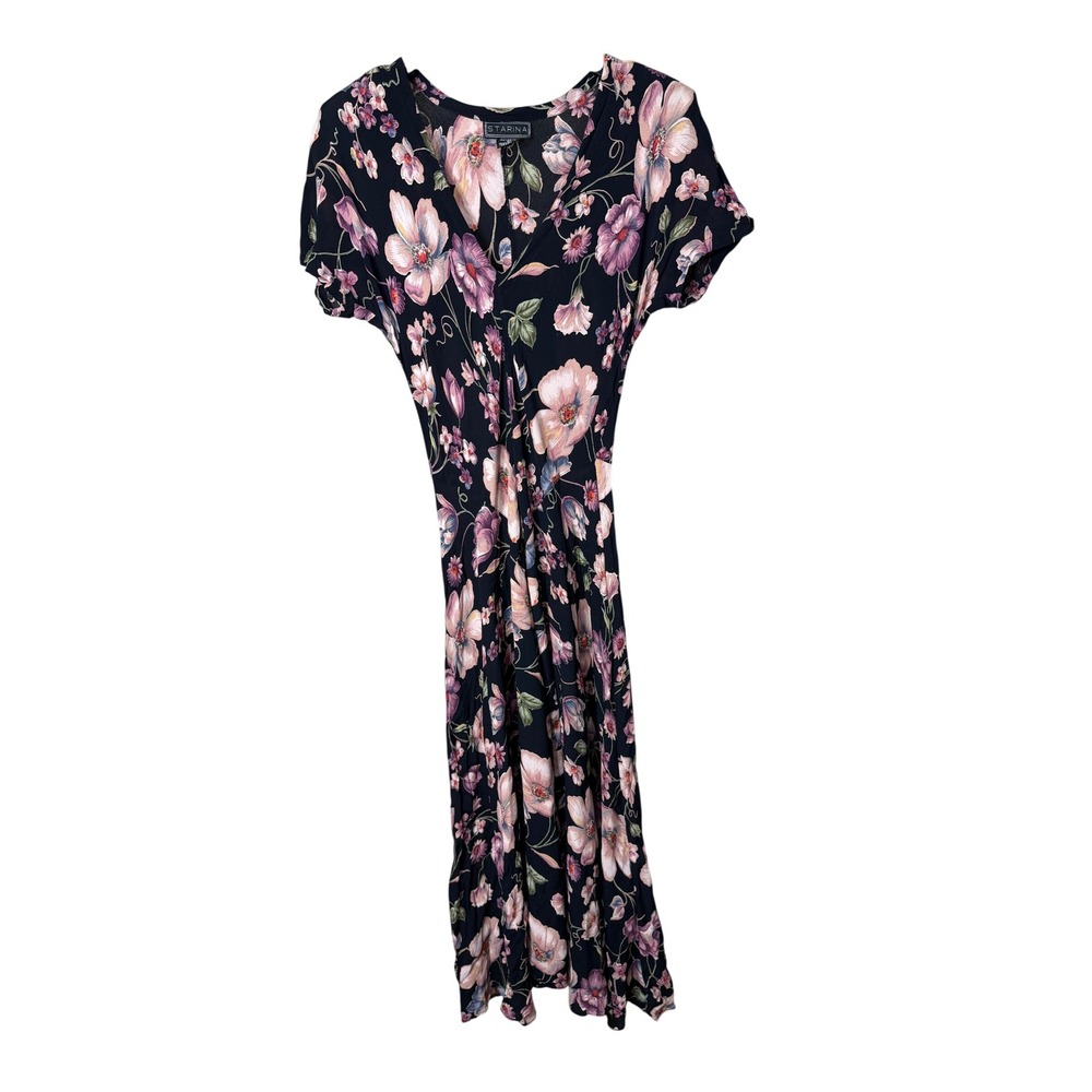 Starina Vintage 90s Floral Maxi Dress Black Pink Rayon V-Neck Short Sleeve S